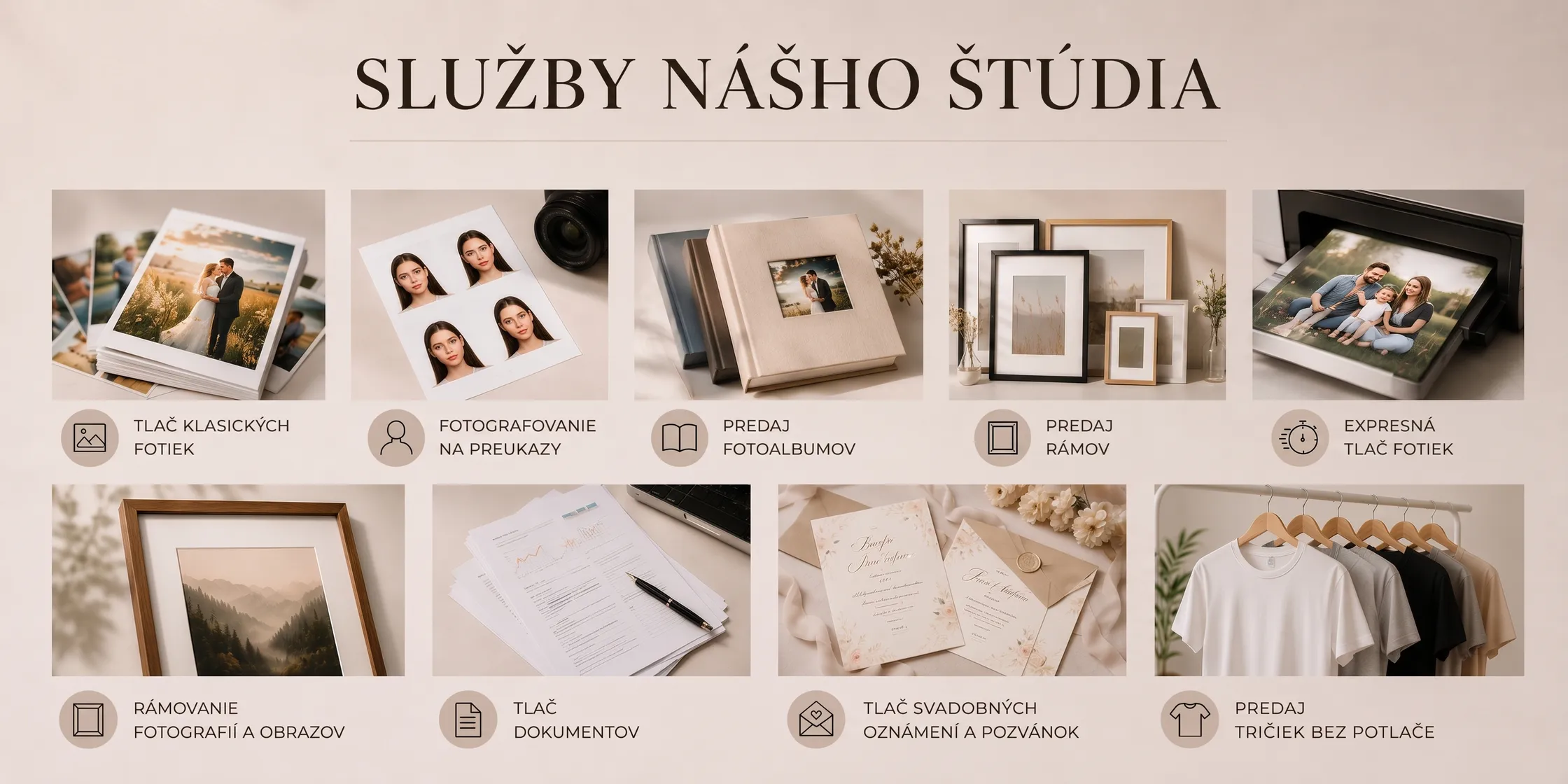 Služby nášho štúdia — tlač klasických fotiek, fotografovanie na preukazy, predaj fotoalbumov, predaj rámov, expresná tlač fotiek, rámovanie fotografií a obrazov, tlač dokumentov, tlač svadobných oznámení a pozvánok a predaj tričiek bez potlače.