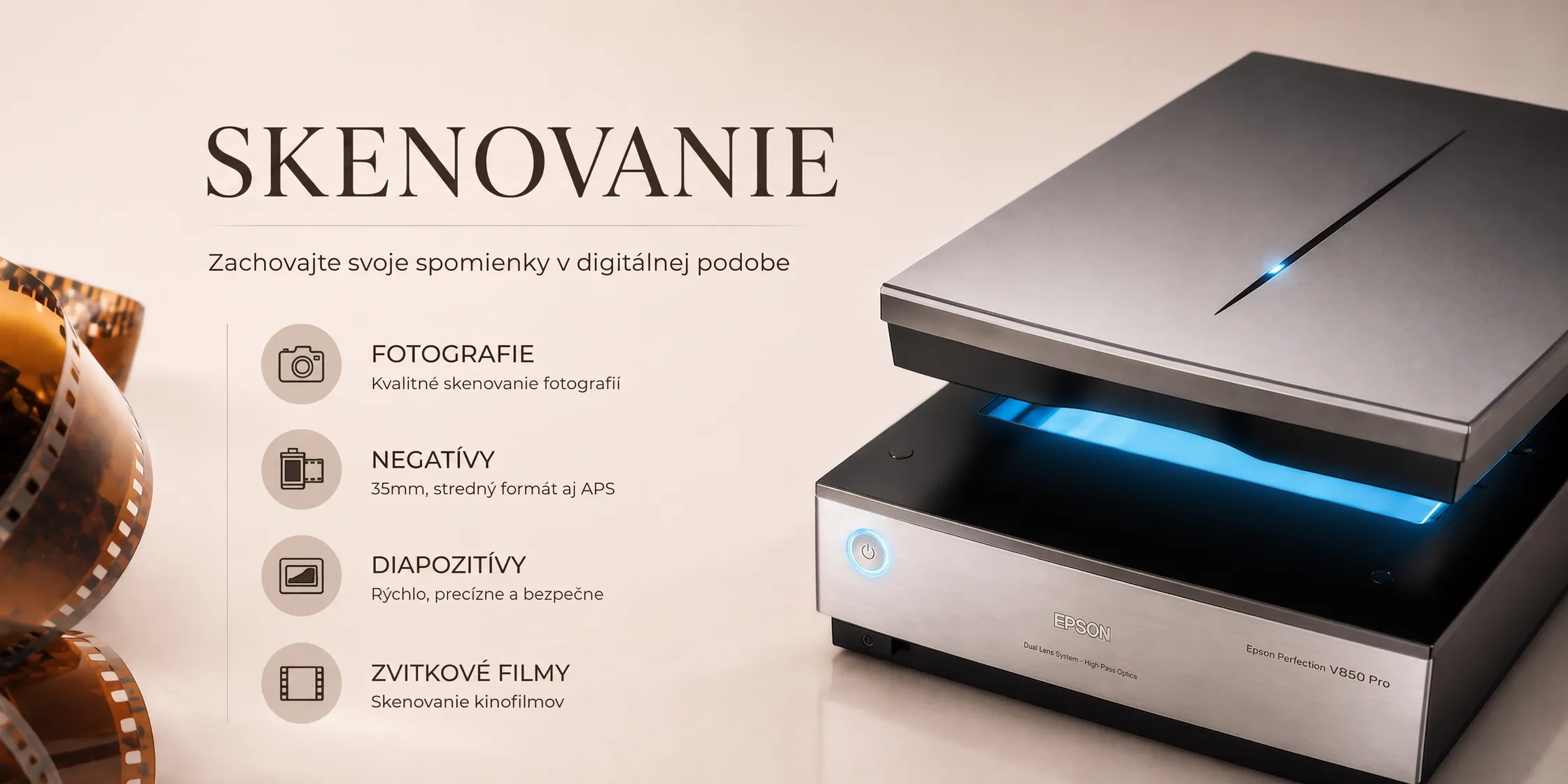Skenovanie — zachovajte svoje spomienky v digitálnej podobe. Profesionálny skener Epson Perfection V850 Pro a zvitok kinofilmu.