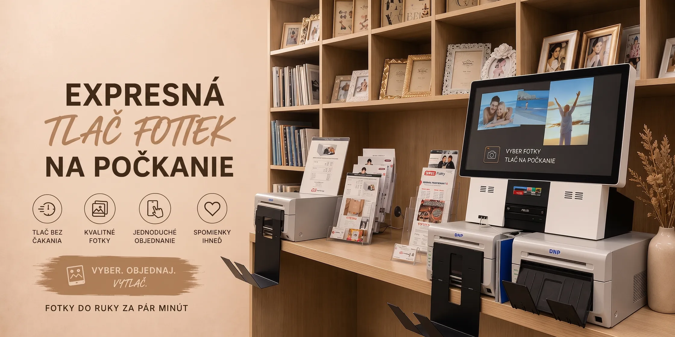 Expresná tlač fotiek na počkanie — samoobslužný fotokiosk s dotykovou obrazovkou a termosublimačné fototlačiarne DNP v predajni.