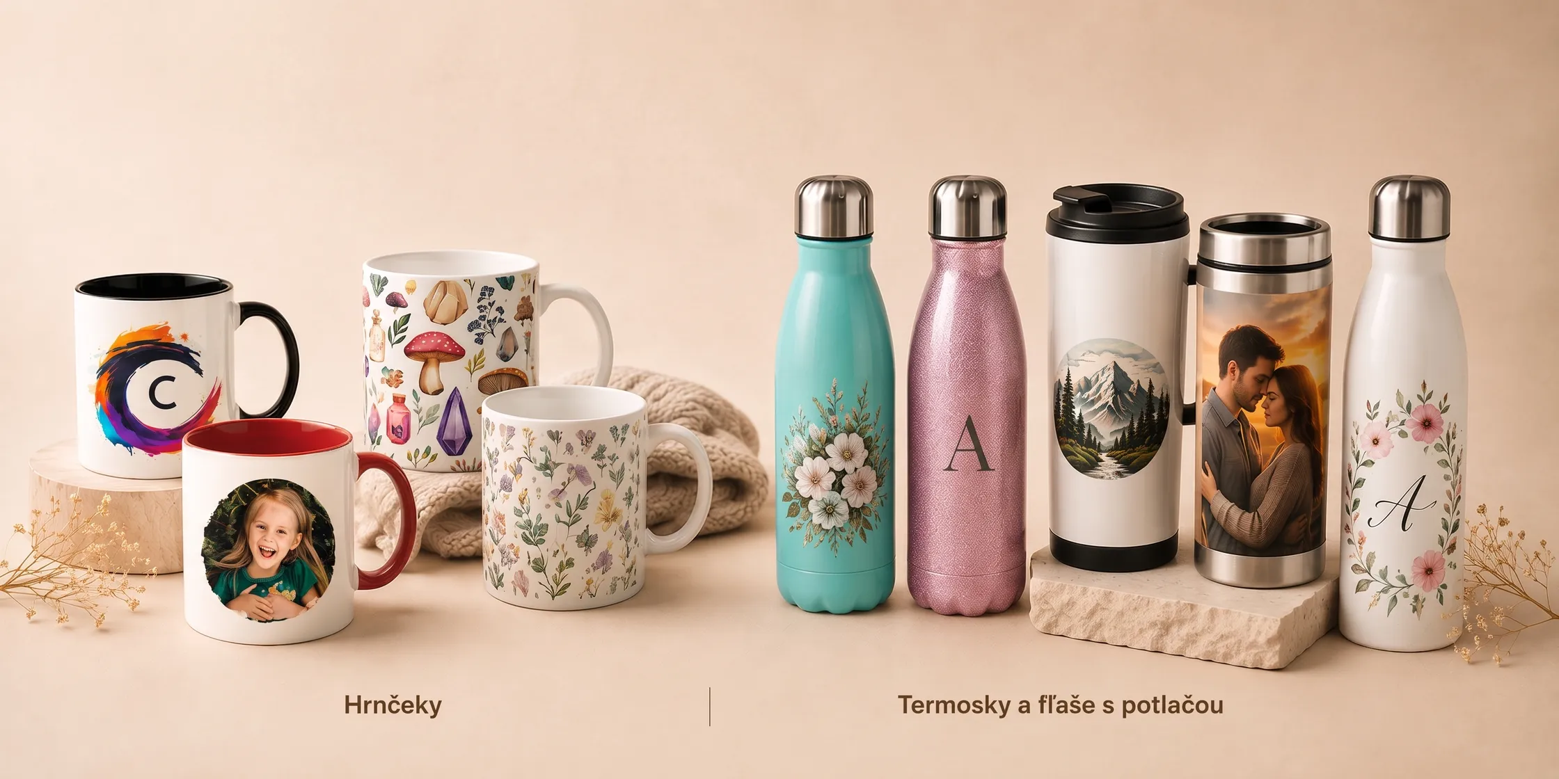 Hrnčeky, termosky a fľaše s vlastnou potlačou — hrnčeky s fotografiou a kvetinovými motívmi, farebné termosky a termohrnčeky s monogramom.