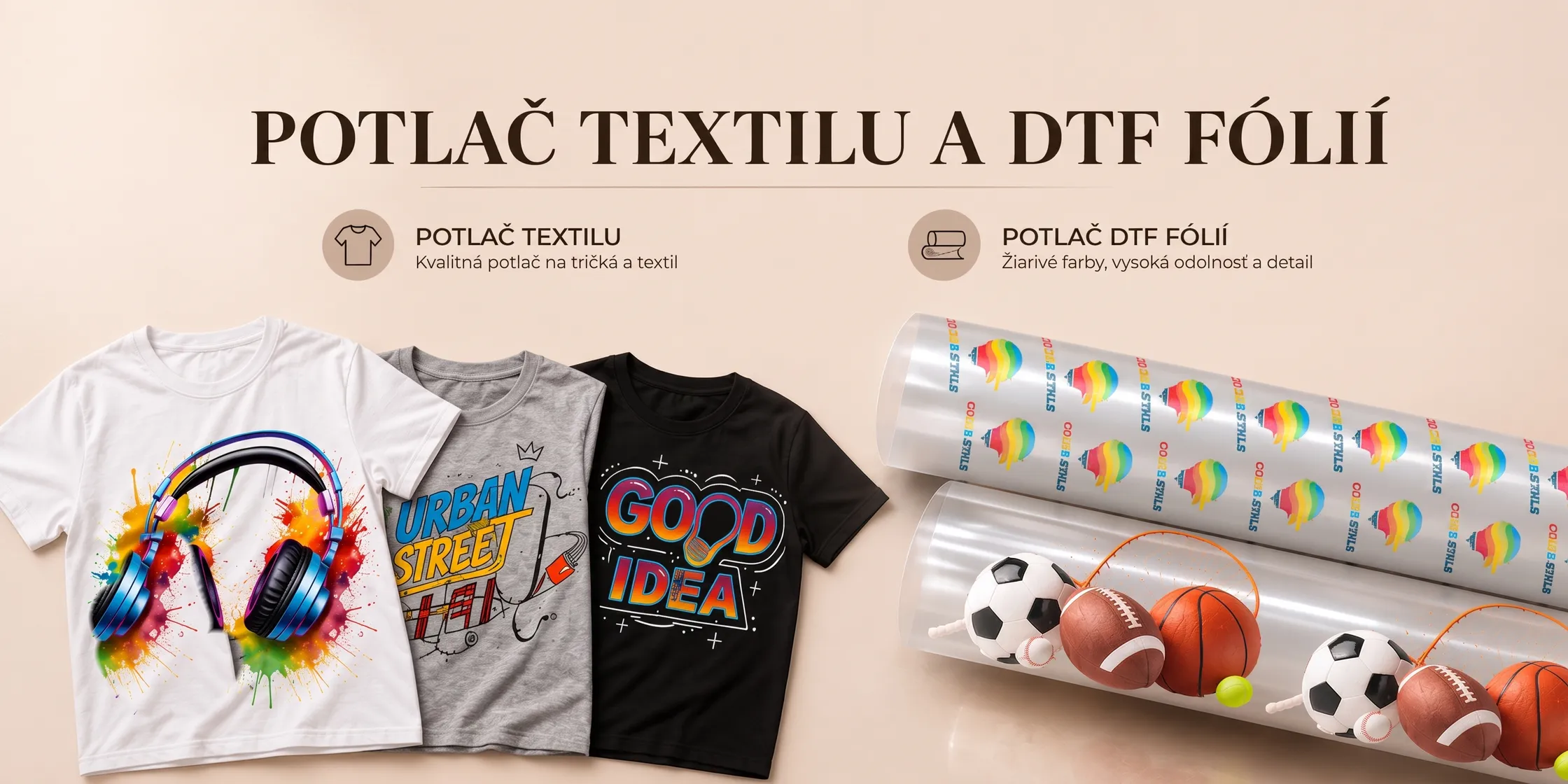 Potlač textilu a DTF fólií — tričká s farebnou potlačou a zvitky DTF fólií s pripravenými motívmi.